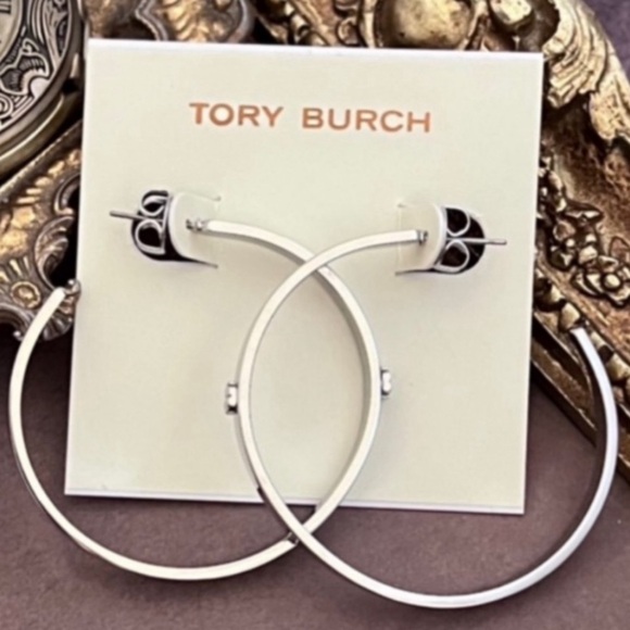 TORY BURCH • Silver Kira Logo Hoop Earrings - Picture 5 of 5